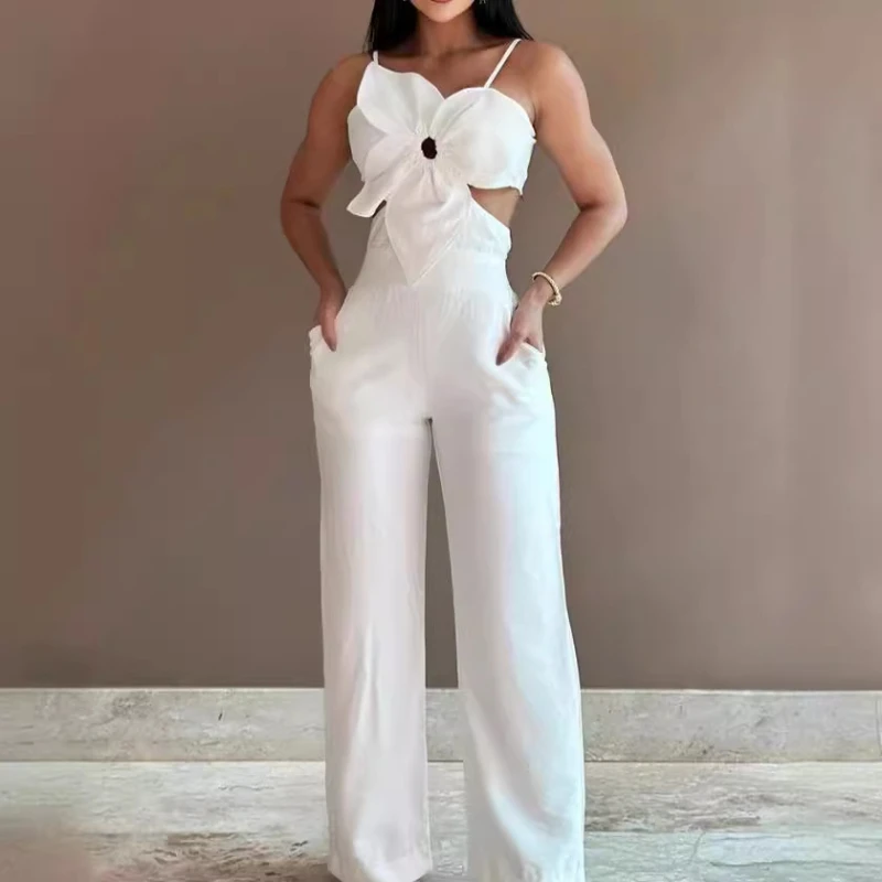 2024 Summer Fashion Jumpsuit Women Floral Pattern Shirred Hollow Out Casual Asymmetrical Neck Pocket Backless Jumpsuit