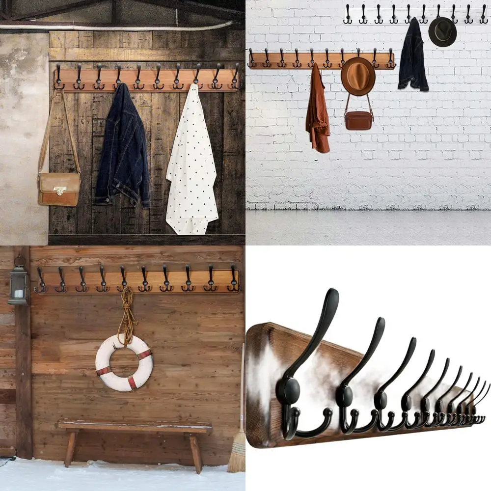 

Wall-Mounted Coat Rack with 10 Hooks, 38.56 Long, Farmhouse Style, Brown Wooden Rail for Hanging Clothes