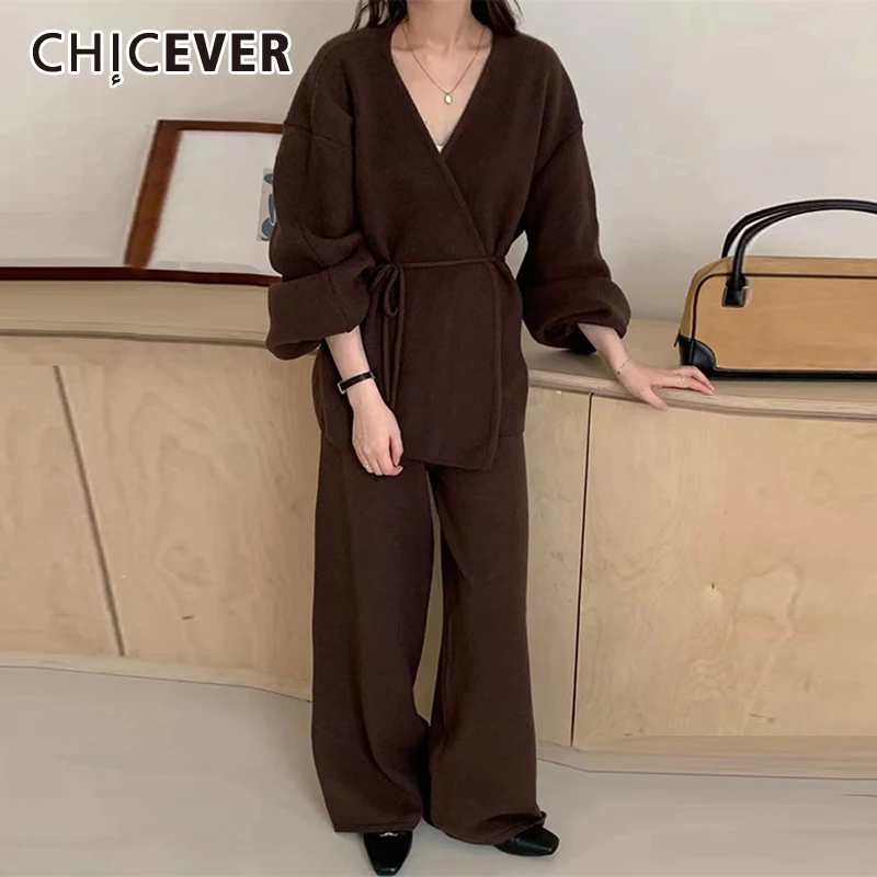 CHICEVER Women\'s Two Piece Set V Neck Lantern Sleeve Patchwork Lace Up Sweater High Waist Wide Leg Pant Solid Casual Suit Female