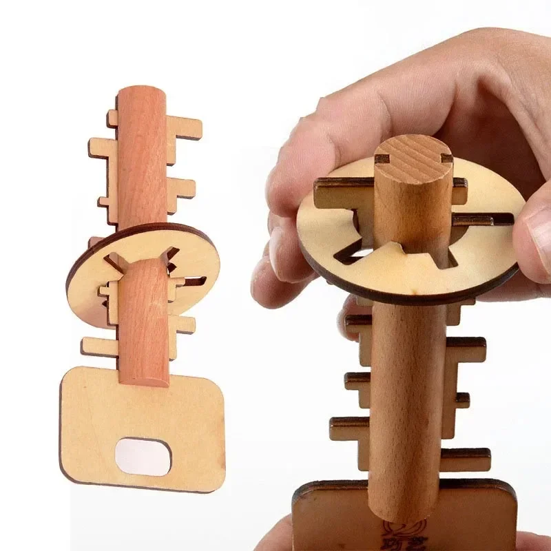 Intelligent Unlock Toy Wooden Kong Ming Lock Brain Teaser Puzzle Key IQ Thinking Test Montessori Kids Adult Decompression Games