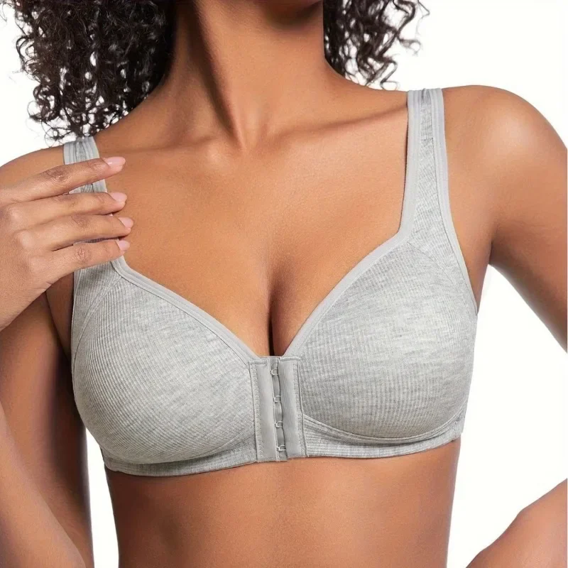 Women's Bra Wire-Free Front Closure Solid Color Full Coverage Fixed Cups More Considerate for Middle