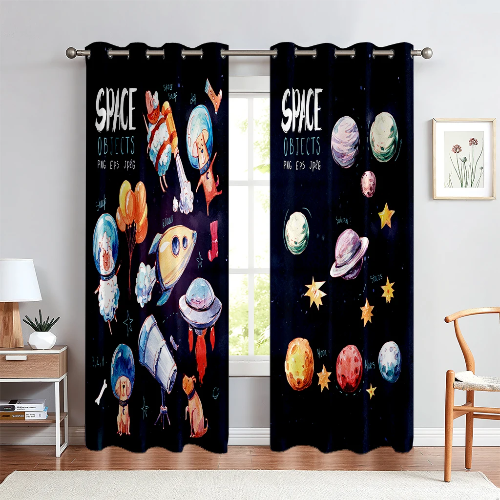 High Quality Blackout Heat Insulation Curtains With Animated Cartoon Spaceship Prints For Boys And Girls Room Decoration 2PCS