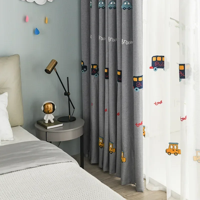 Gray Cartoon Car Curtains for Children Boy Kids Room Living Room  Embroidery Tulle Sheer Drapes Linen Curtain for Bedroom