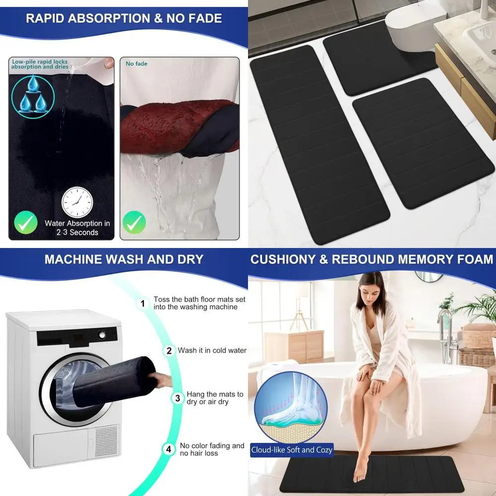

3-Piece Memory Foam Bath Rug Set: Thick, Soft, Non-Slip Mats for Toilet, Bath, and Shower (Black, U-Shape: 24x24 + 24x32 + 17x48