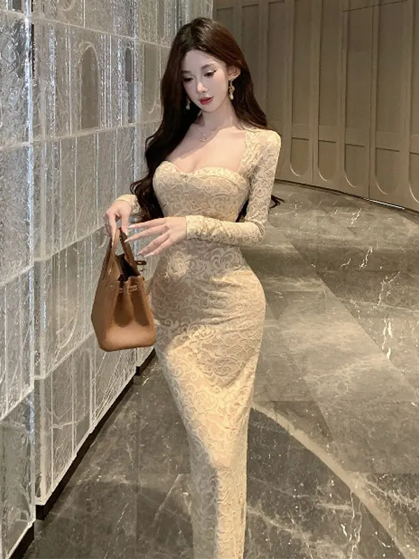 

Sexy Lace Square Collar Bodycon Long Dress High Waist Cotton Blend Spring Fashionable Dress for Business And Daily Wear