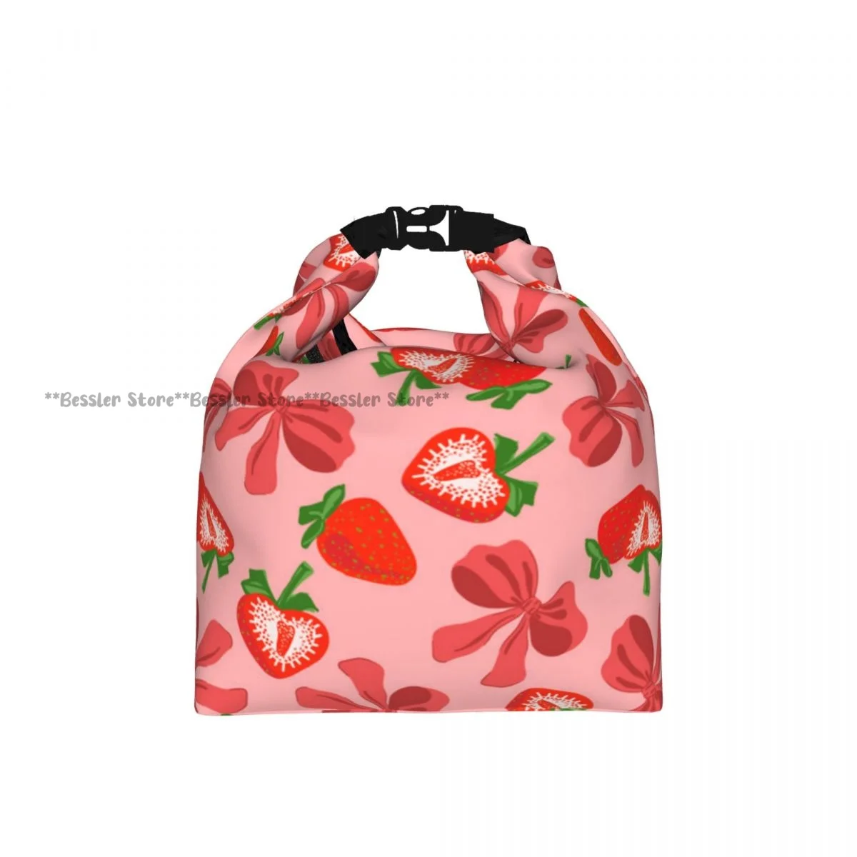 Roll Top Thermal Lunch Bag Strawberries Coquette Ribbon Bow Pattern Insulated Bento Bag Reusable Food Storage Handbag