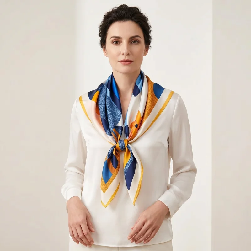 

100% Mulberry Silk Scarf 35" Square Headscarf Women’s Hair Wraps Travel Shawl (88*88cm) With Gift Packed Blue Cartoon Print
