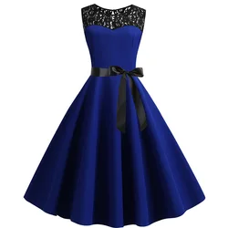 Blue Lace Patchwork Summer Dress Women Elegant Vintage Party Dress Casual Office Ladies Work Dress
