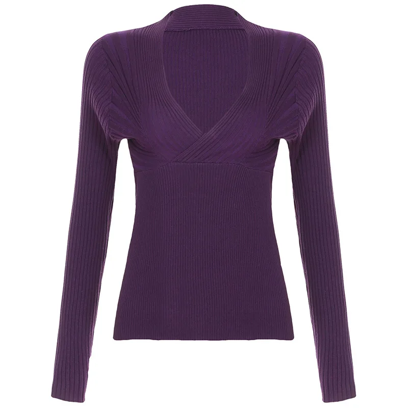 سترة أمريكية أنيقة ومثيرة بلون سادة ورقبة على شكل حرف V وتصميم متقاطع بقصة ضيقة ومزاج بسيط للاستخدام اليومي للنساء