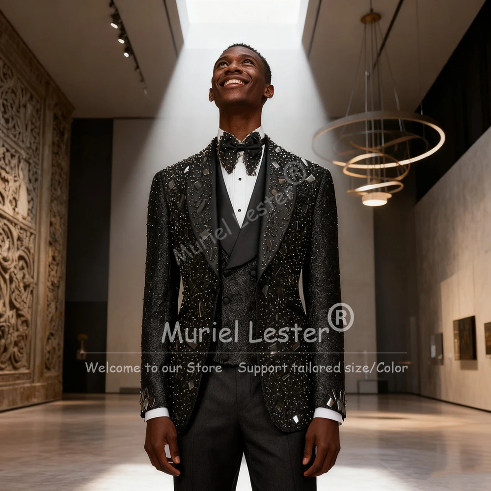 

Роскошный костюм с жемчугом и бисером для мужчин, тонкий пиджак с шалью и лацканами для жениха, индивидуальный комплект из 3 предметов, мужские банкетные свадебные смокинги