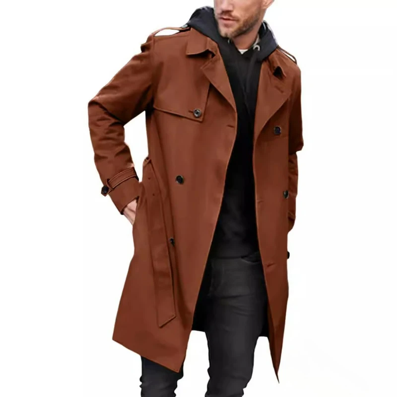 

Autumn Winter New Solid-color European American Long-sleeved Trench Coat Men's Lapel Slim-fitting Double-breasted Casual Coat