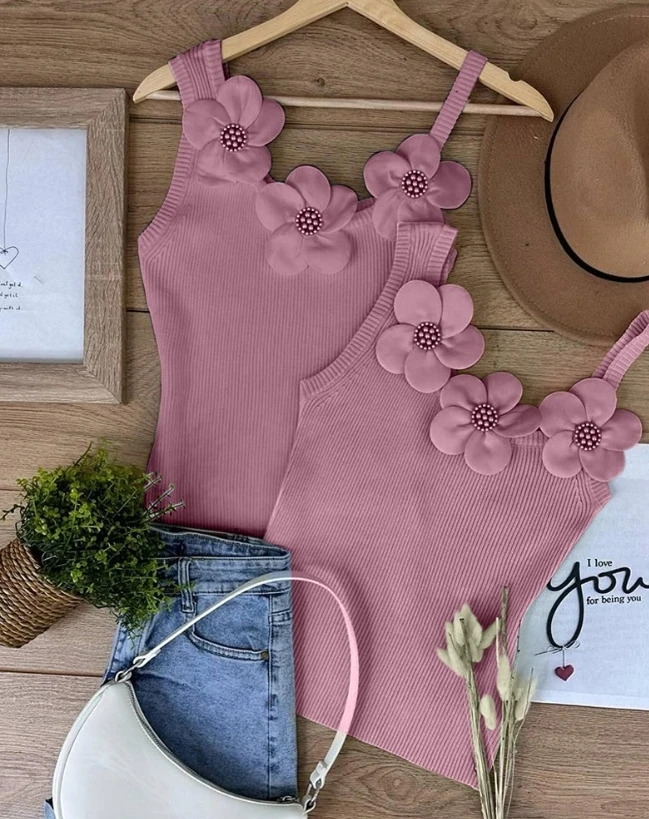Chaleco con estampado Floral para mujer, camiseta sin mangas de punto con cuentas de retales, cuello asimétrico, tirantes ajustados para vacaciones,