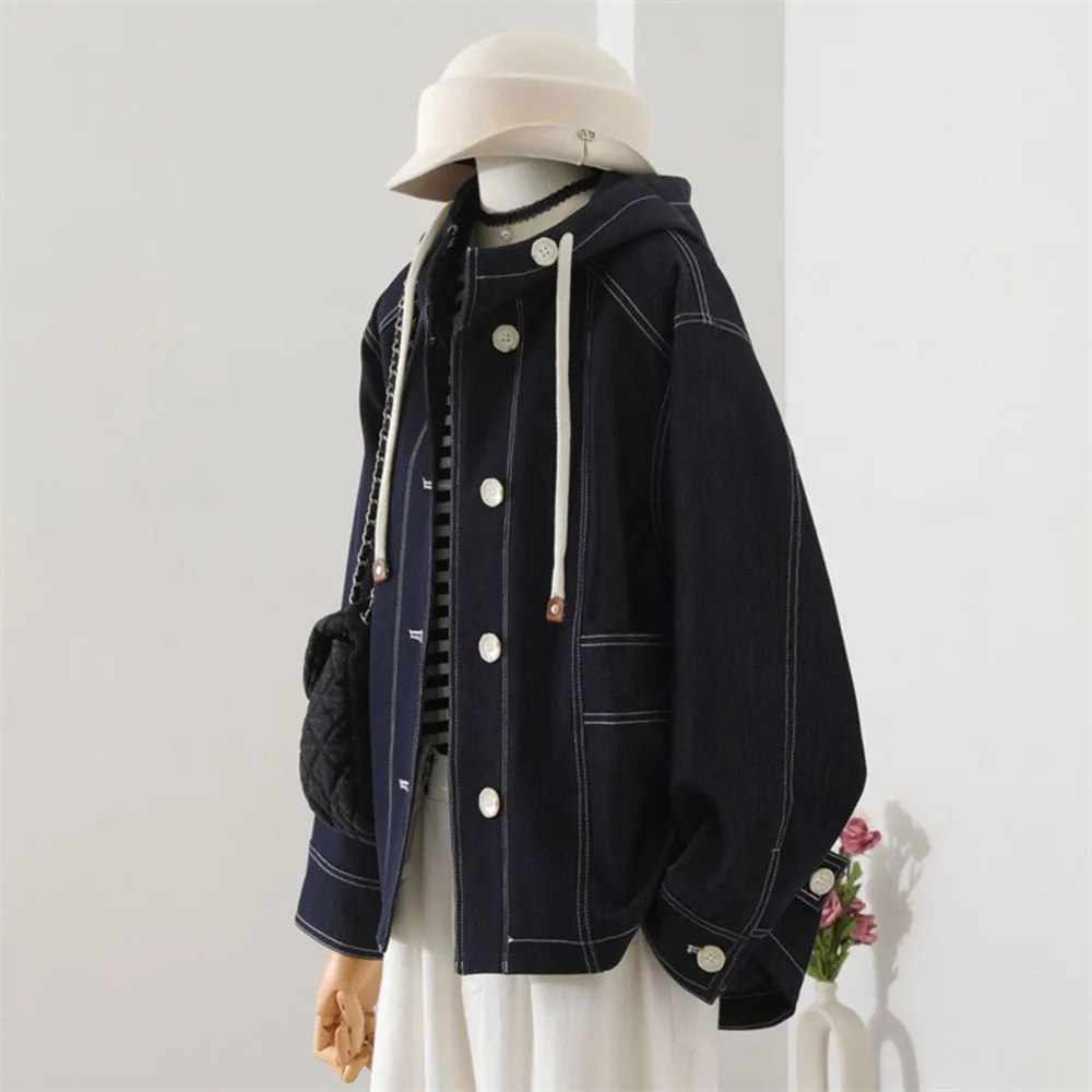 

Advanced Sense Navy Hooded Denim Windbreaker Coat women's Spring Autumn Fashion Single-Breasted Casual Cowboy Coats Ladies