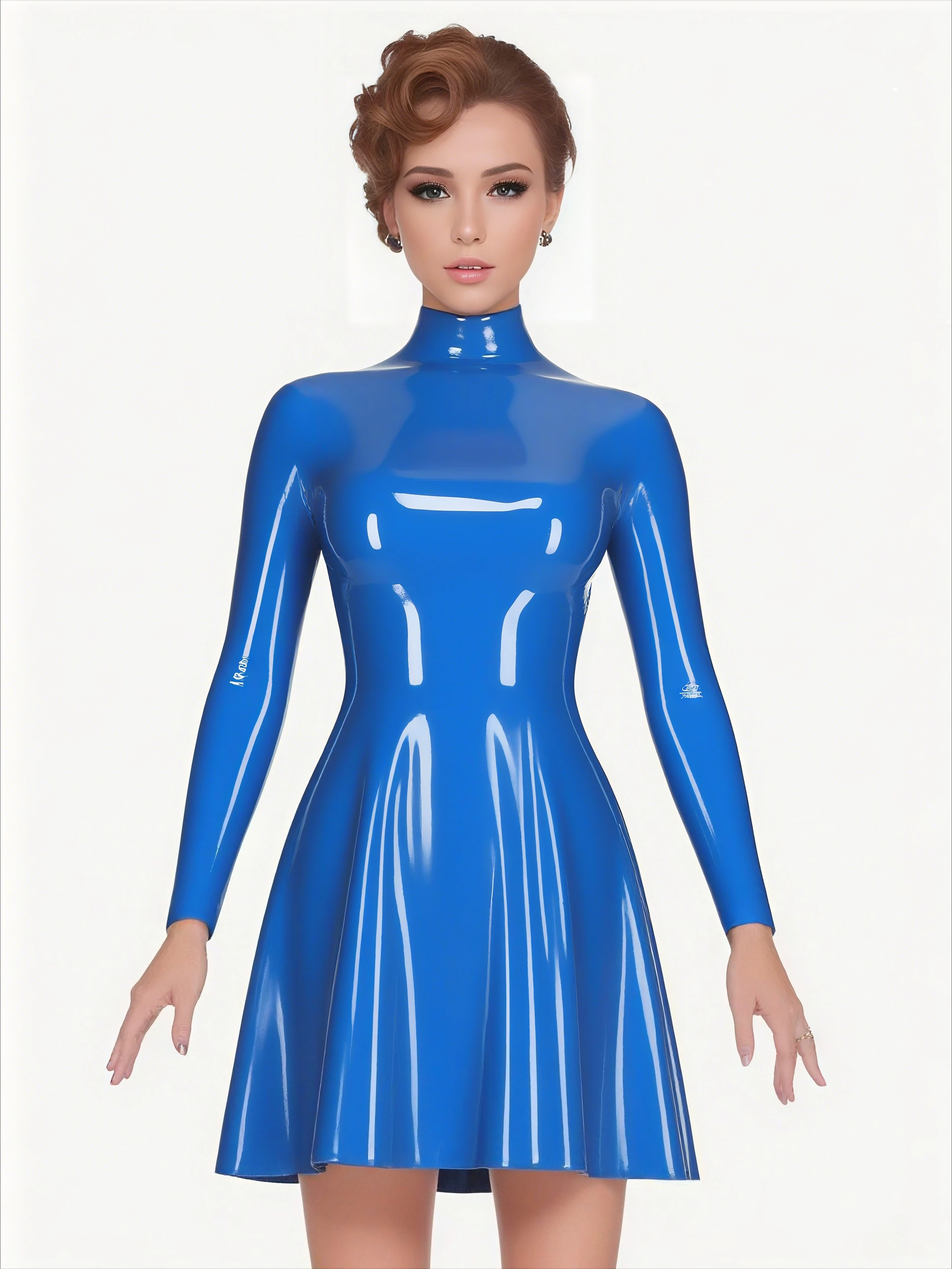 

rubber women's blue latex dress high neck long sleeve flared mini dress clubwear party latex design cosplay customized