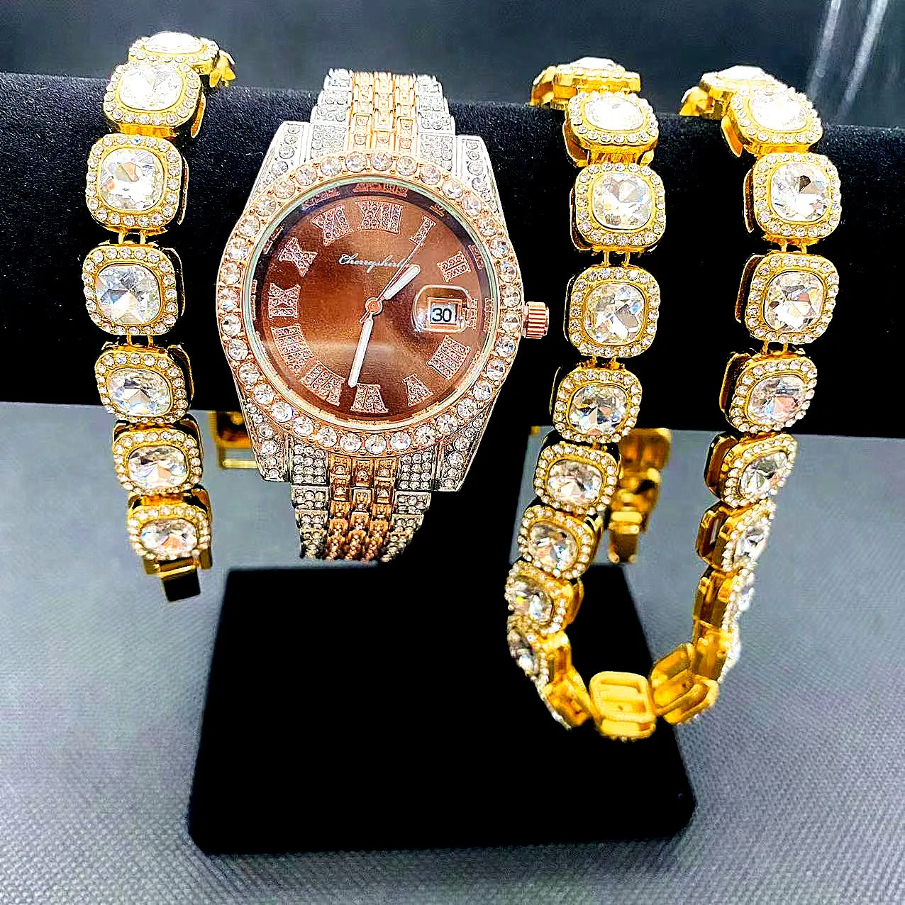 3pcs Full Iced Out orologi Mens Gold Cuban Tennis Chain bracciale collana Bling Watch for Men HipHop Jewelry Men Watch Clock Set