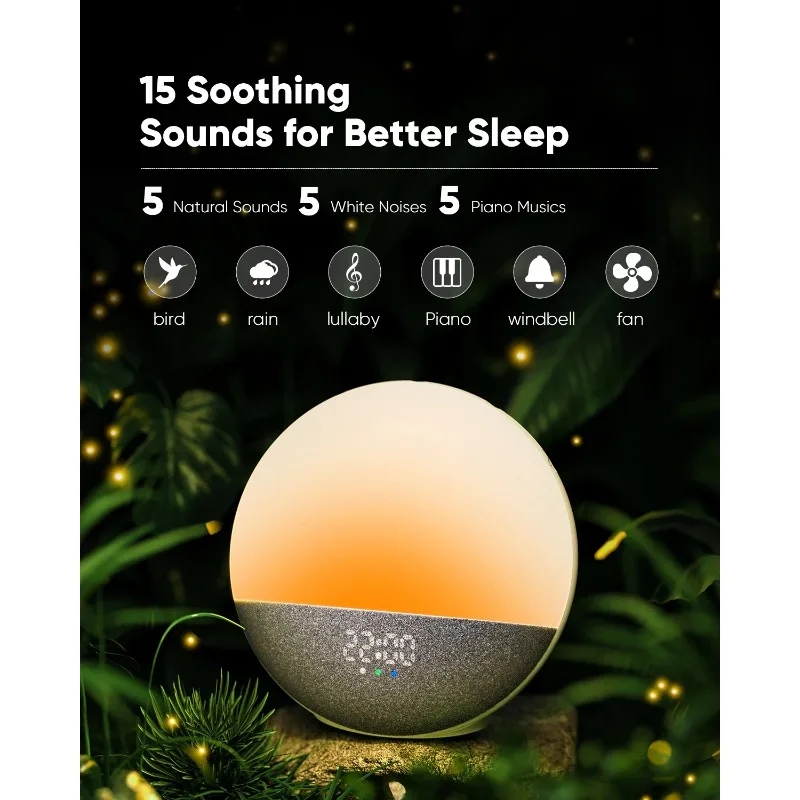 

Цифровой будильник для детей, звуковая машина с беспроводным динамиком и подсветкой для пробуждения Sunrise 15, белый шум, 3 будильника, 5 ночных режимов,