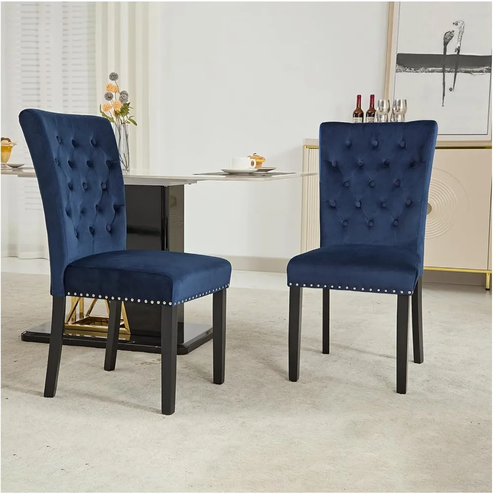 Velvet Dining Chair Set of 2, Parsons Upholstered Dining Room Chair, Wood Accent Chair with Nailed Trim