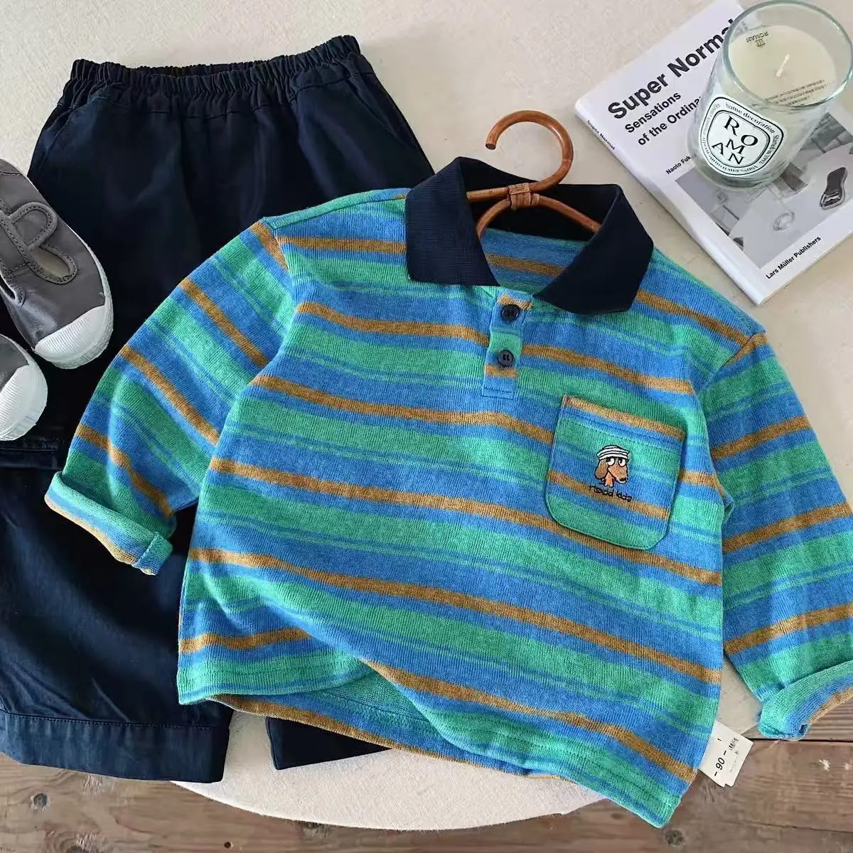 Frühling Herbst Neues gestreiftes Poloshirt für Kinder, Jungen und Mädchen, Oberteil mit Welpen-Tasche, Baby-Langarm-Basic-T-Shirt, modisch und gut aussehend – Detail 4