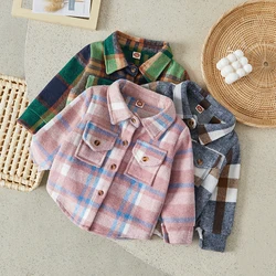 Suefunskry Kids Boys Girls Jackets Lapel Long Sleeve Plaid Print Flannel Shirts Coats Button Down Baby Fall Winter Warm Outwear