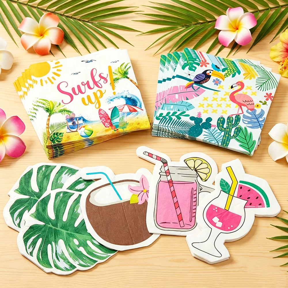 20pcs Hawaiian Tropical Themed Paper Napkins Set Cocktail Napkins with Surf Flamingo Toucan for Aloha Birthday Party Decorations