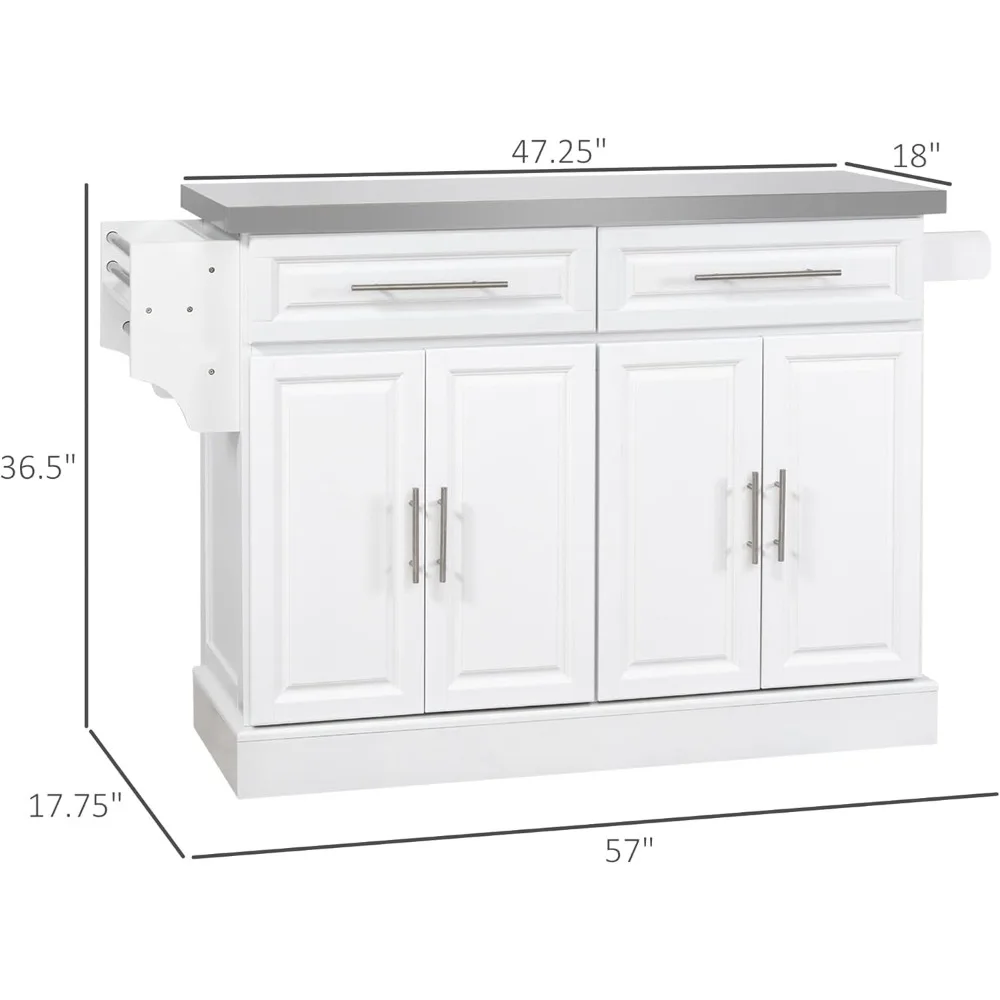 Kitchen Island with Storage, Stainless Steel Top, 2 Drawers, Spice, Knife and Towel Rack and Cabinets,  Storage Cabinet