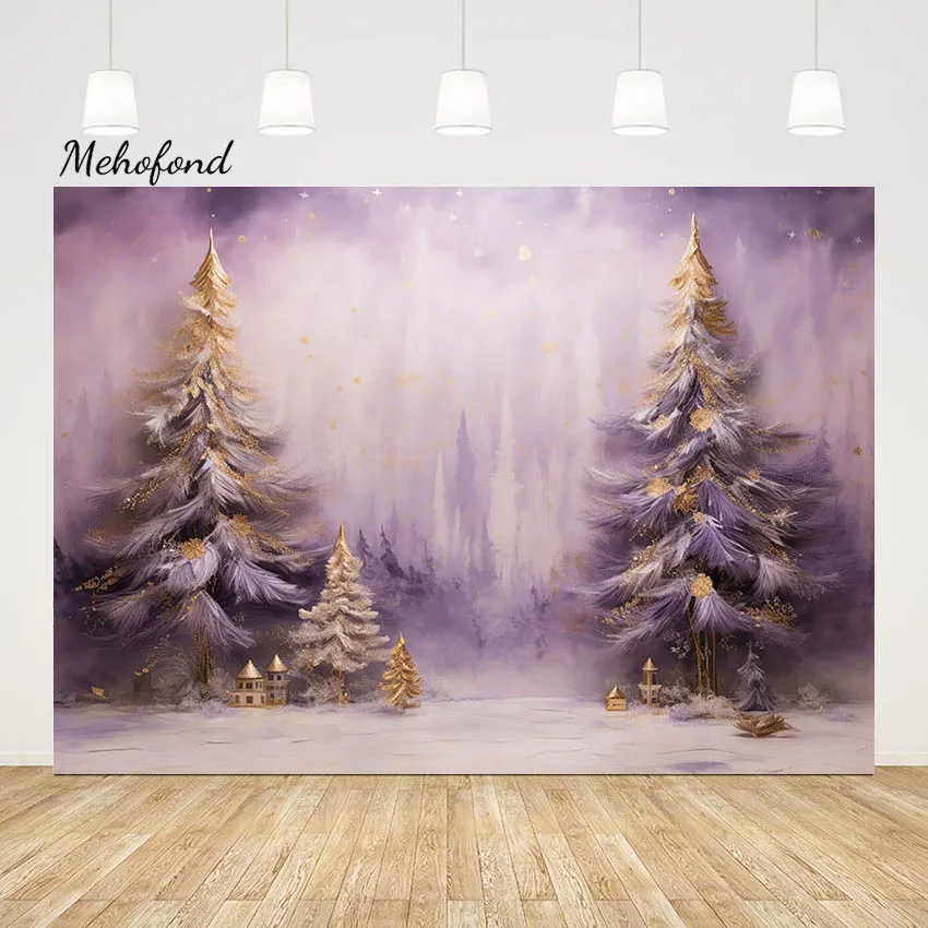 

Mehofond Outdoor Night Scene Oil Painting Christmas Photograhy Backdrop Purple Gold Art Pine Trees Decor Background Photo Studio