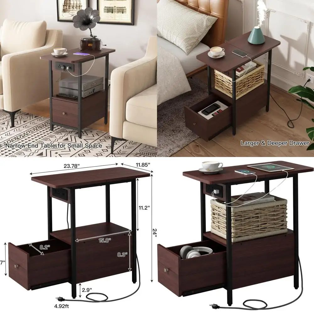 

Compact Dark Cherry Nightstand with USB Charging and Outlets for Bedroom and Living Room