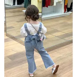 Girls' Korean Version Western-style Bow Jeans kids Child Suspenders 2023 Spring and Autumn Girls' Casual Thin Pants