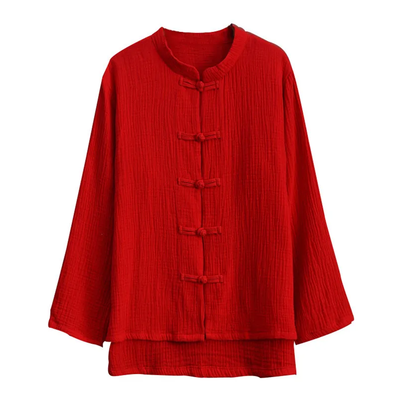 Women's plus Size Cotton Linen Button-Up Shirt Vintage Chinese Style Casual Long Sleeve Top for Spring/Autumn
