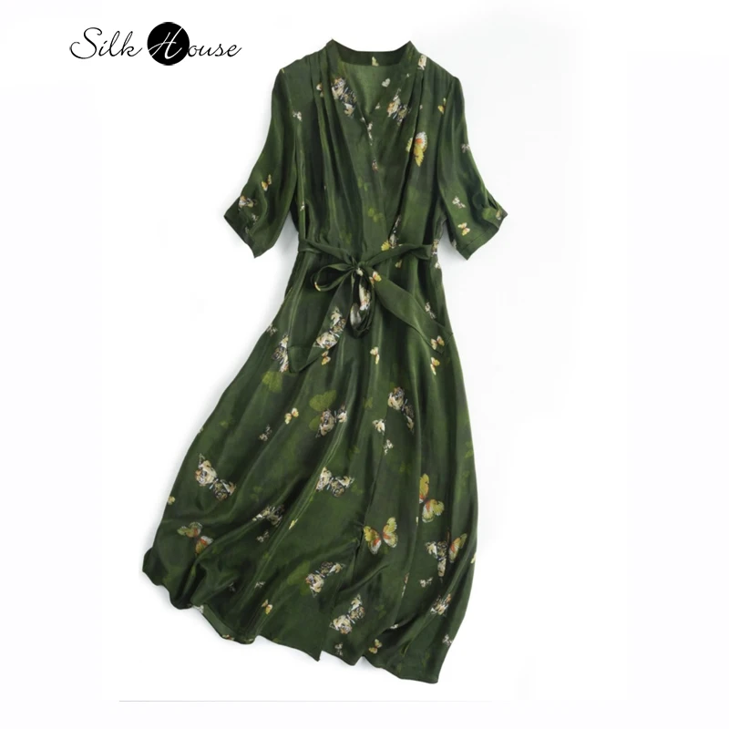 

Butterfly Print 100% Natural Mulberry Silk Crepe De Chine Large Swing Women's Fashion Temperament Half Sleeved Dress