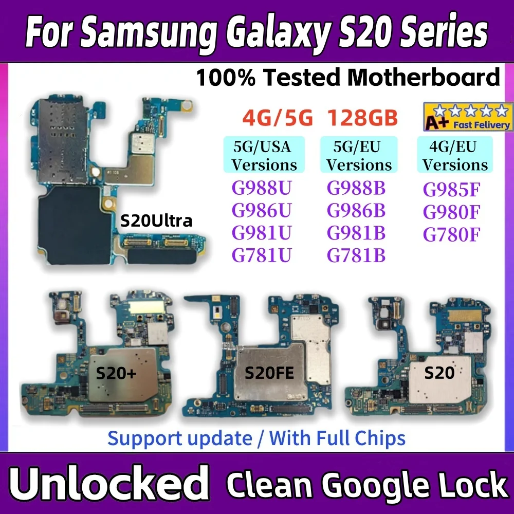 Разблокированная плата S20 FE G781 для Samsung Galaxy S20 Ultra G980F G981 G988U G988B S20 Plus G985F G986B G986U, материнская плата с полными чипами Разблокированная плата S20 FE G781 для Samsung Galaxy S20 Ultra G980F G981 G988U G988B S20 Plus G985F G986B G986U, материнская плата с полными чипами