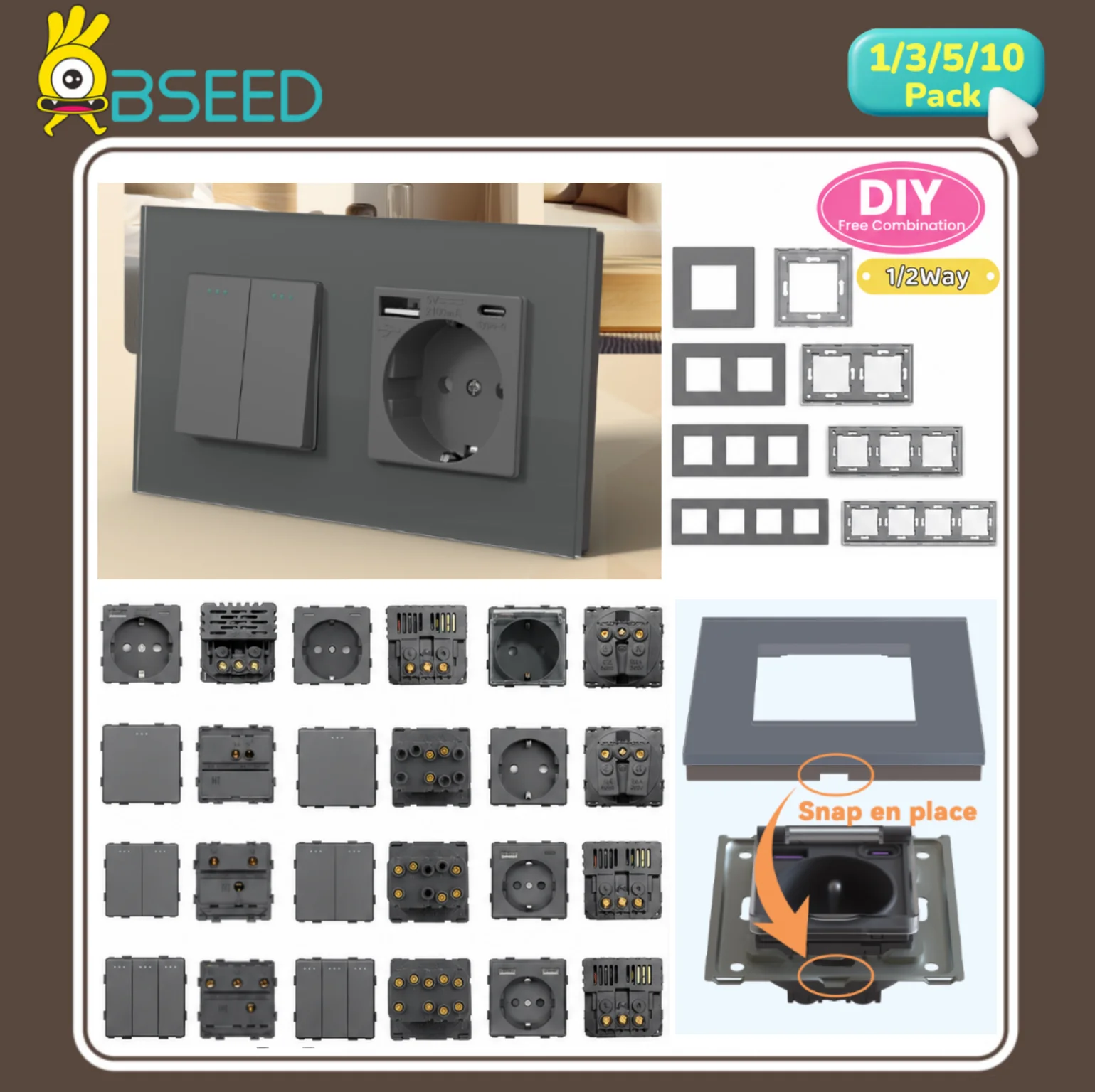 BSEED 1/2Way Wall Light Switch Part Mechanical Switches 1/2/3Gang Plastic Wall Socket USB Type-C Port EU DIY Free Combination