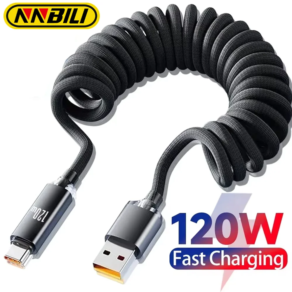 NNBILI 120W Schnellladekabel Typ-C A-C und C-C, einziehbares Spiralkabel, robustes, geflochtenes Nylonkabel für iPhone und Huawei