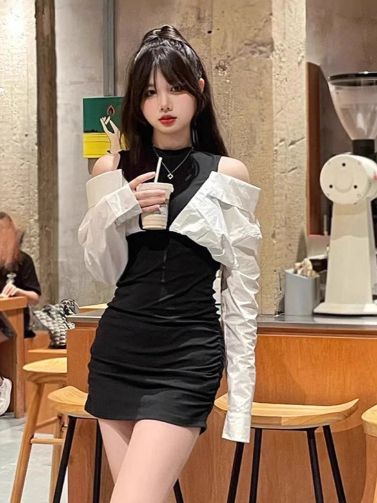 Franse nep tweedelige jurk zwart wit ronde hals off-shoulder bodycon mini-jurk zoet pittig sexy afslankende taille tienerstijl