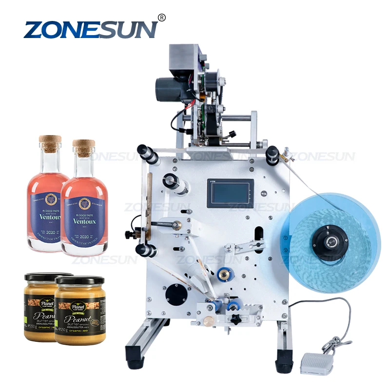 

ZONESUN SL-130 Wine Double Side Sticker Round Water Semi Automatic Digital Bottle Labeling Printing Machine For Plastic Bottle