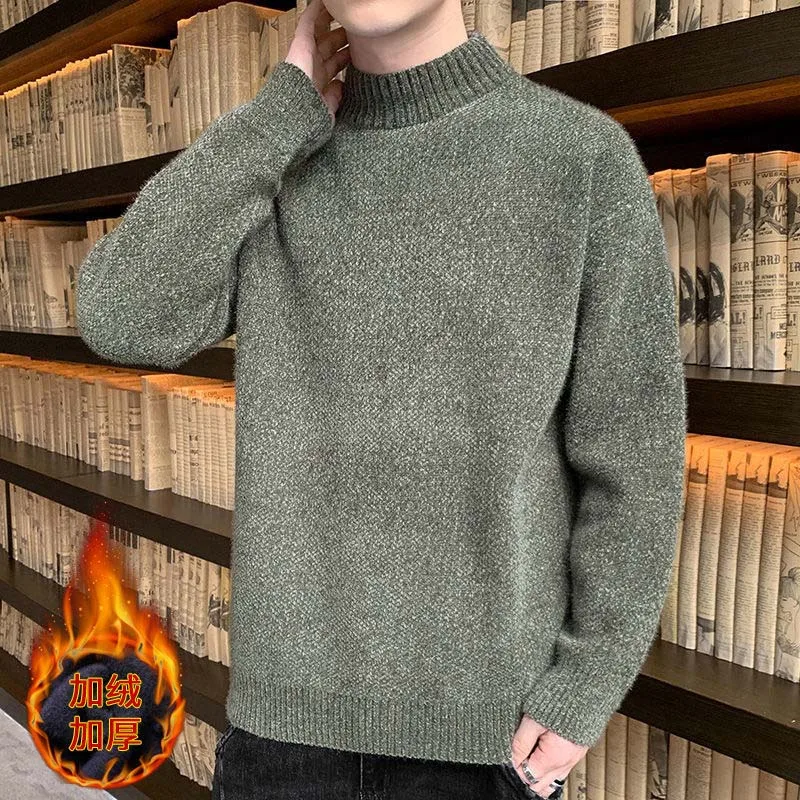 Men's Sweater With Plush Thick Integrated Velvet Autumn And Winter Thermal Sweater Korean Version Solid Color Knitwear Loose Top