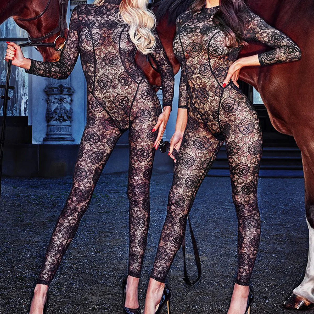 

High Neck Lace Jacquard See Through Mesh Socks Knight Jumpsuit Women's Sexy Black Uniform Shaping Lingerie Set Female Bodysuits