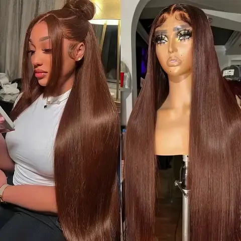 13x6 HD Chocolate Brown Bone Straight Lace Front Wig  36 Inch Lace Frontal Wig Human Hair Pre Plucked #4 Colored Human Hair Wig