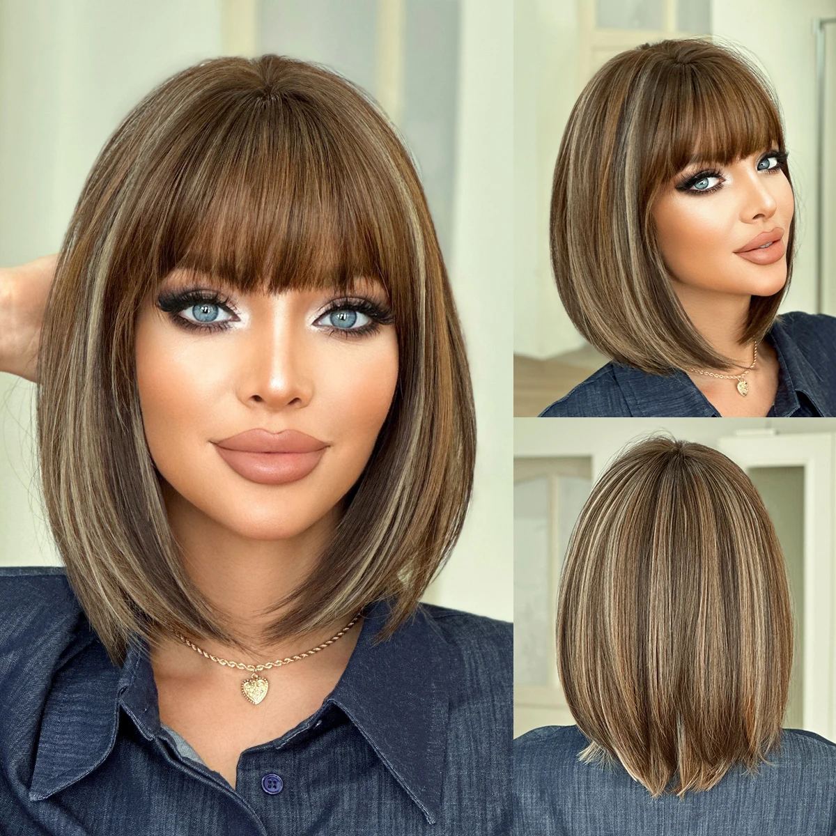 NAMMShort Straight Brown Perücken für Frauen, blonde Perücken mit Vorhangfransen, synthetische, hitzebeständige Vollhaarperücken