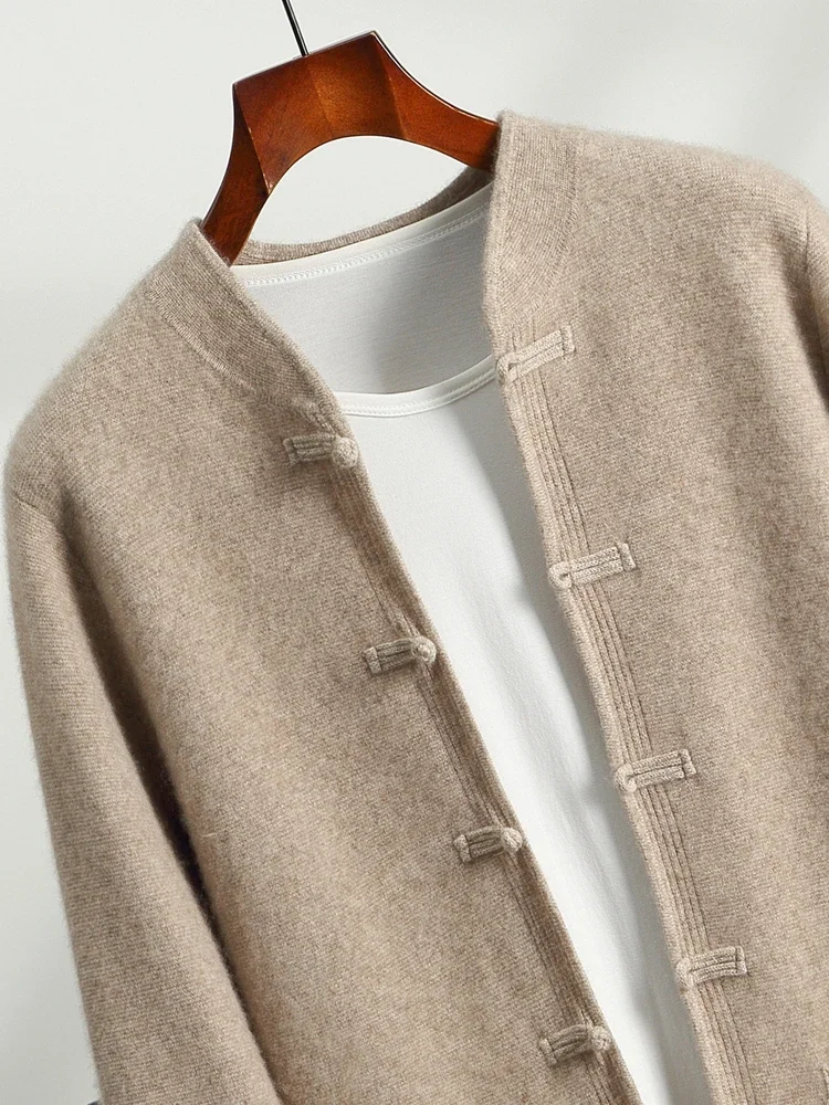 New Chinese Style Men's Jacket 100% Cashmere Sweater Coat Mandarin Collar Knitwear Autumn Winter Thicken Vintage Cardigan Pocket