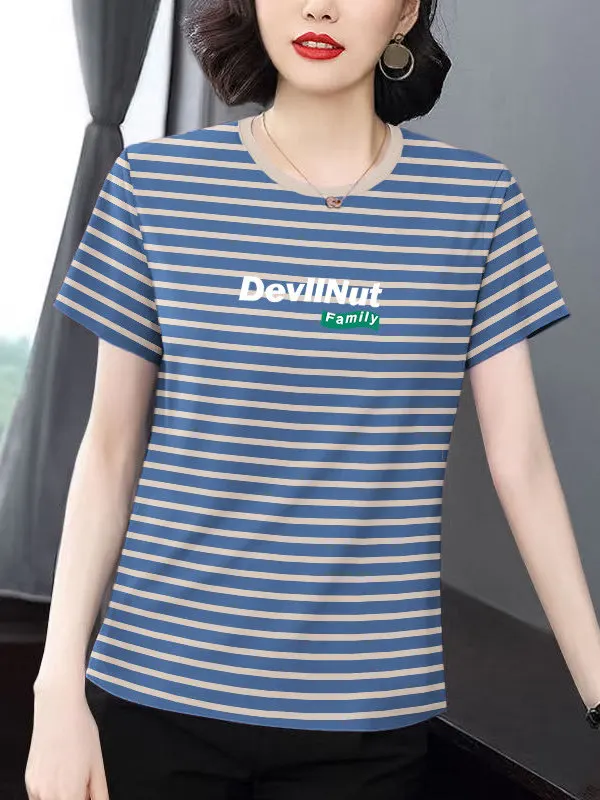 

Loose Fit Women's Short Sleeve T-Shirt Striped Casual Top Breathable Comfortable Cotton for plus Size Mothers in Summer