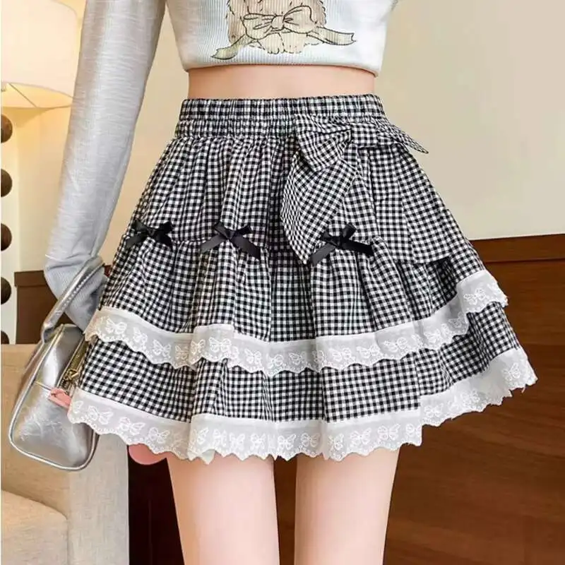 

Женская кружевная лоскутная клетчатая короткая юбка с галстуком-бабочкой и шортами, женские юбки трапециевидной формы в милом стиле в консервативном стиле