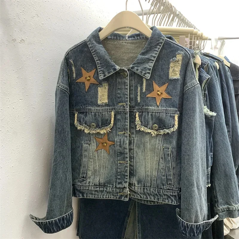 Denim Jacket Female Fringed Burr Hole Jackets 2024 New Five-Pointed Star Top Denim Short Coat Women Fashion Cowgirl Outwear