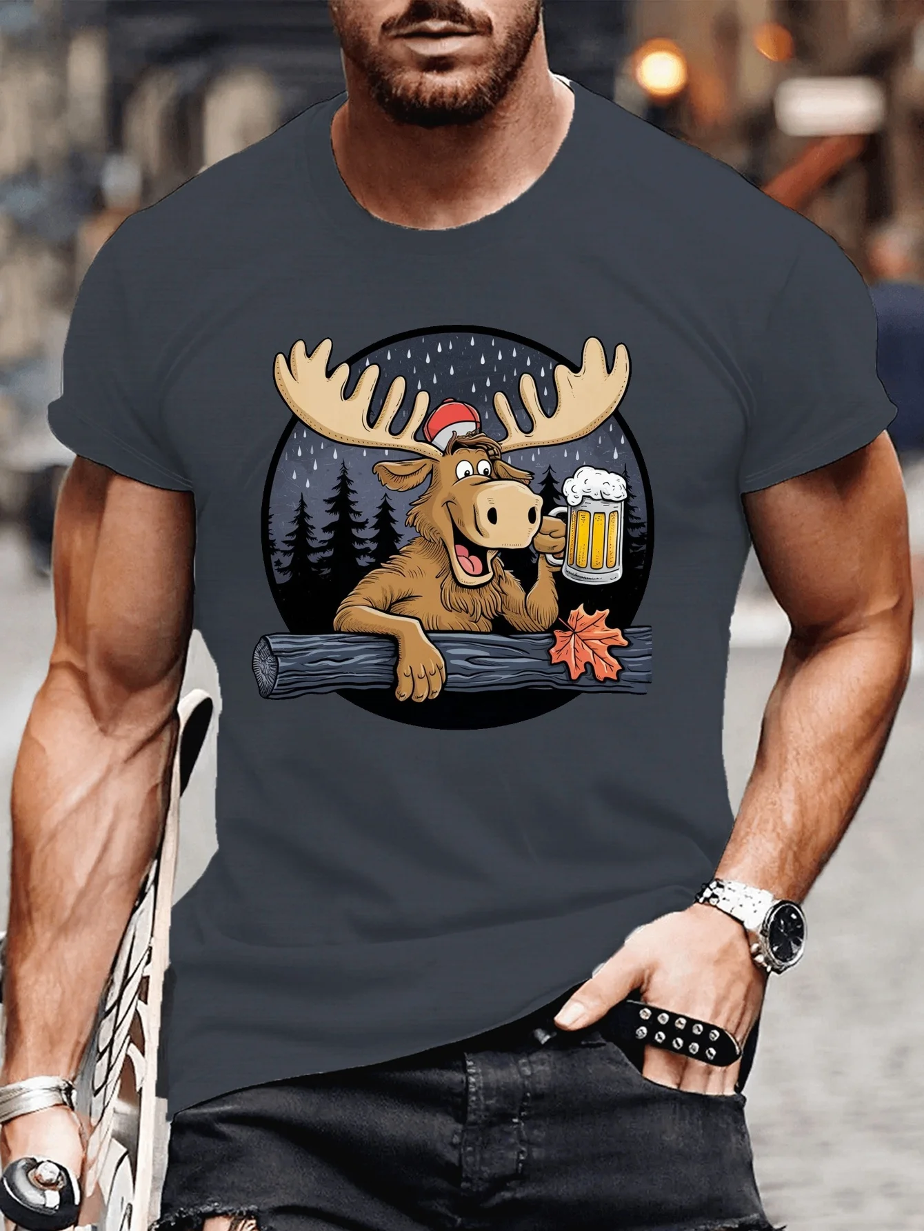 Cheerful Moose Drinking Beer Graphic Print T-Shirt 100% Cotton O-Neck Short Sleeve Summer Casual Mens T-shirt Streetwear