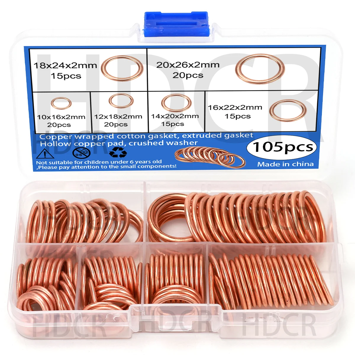 105pcs Copper-Clad Cotton Gasket Combination Set, Including Compression Washers, Squeeze Washers, and Clamping Gaskets.