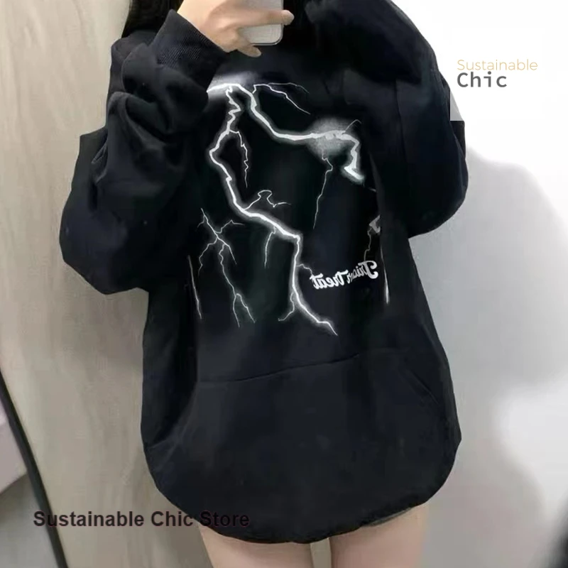 American high street lightning printing simple pattern hooded sweater women's autumn and winter loose trend design casual top