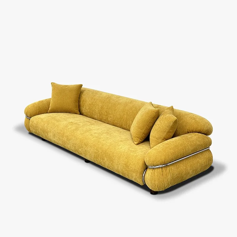 Steel ring sofa, Teddy lamb wool fabric first layer yellow cowhide leather living room furniture minimalist designer