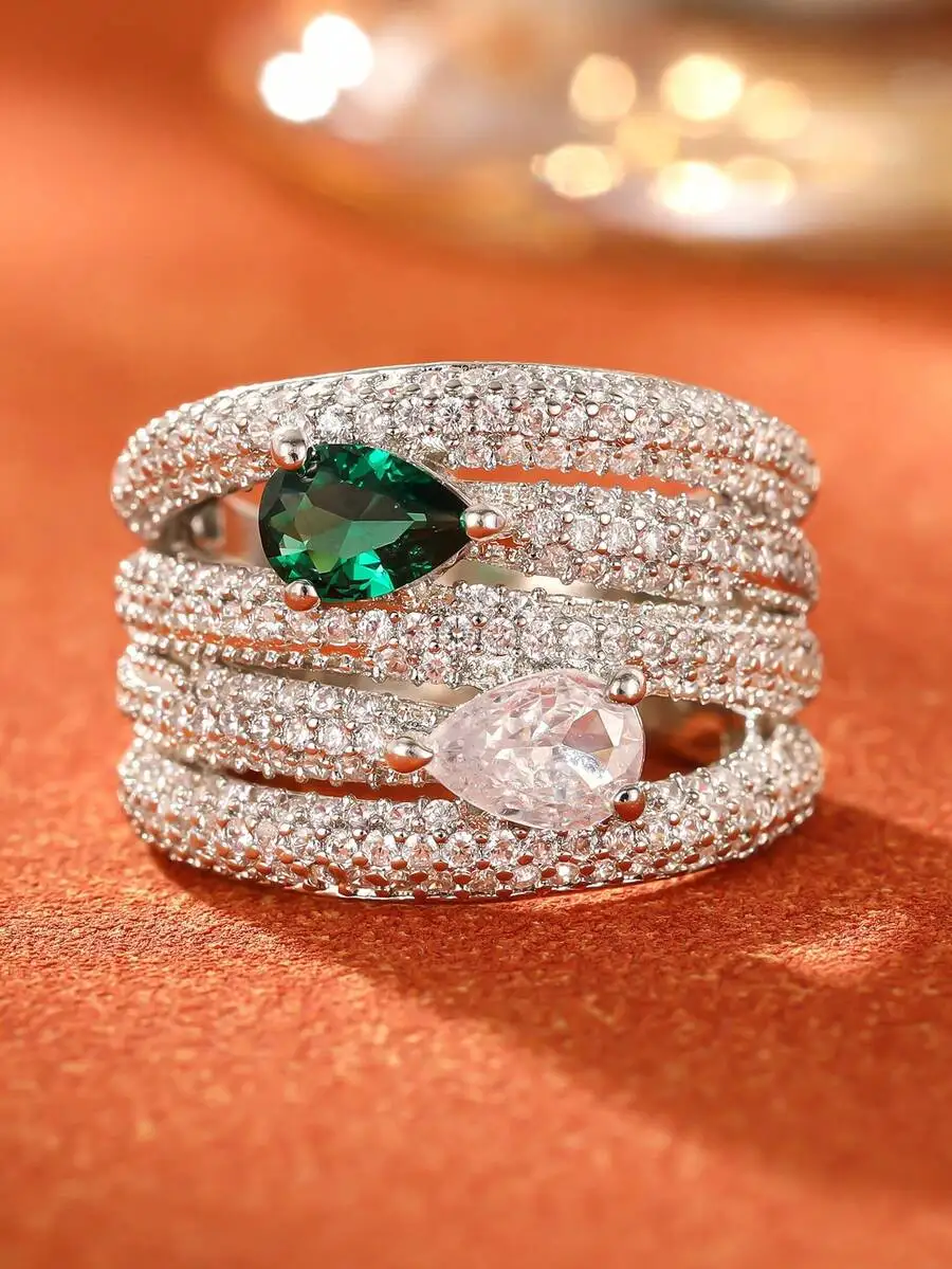 

Exquisite Cubic Zirconia Multi-Row Ring With Pear Shape Green And Clear Stones For Women