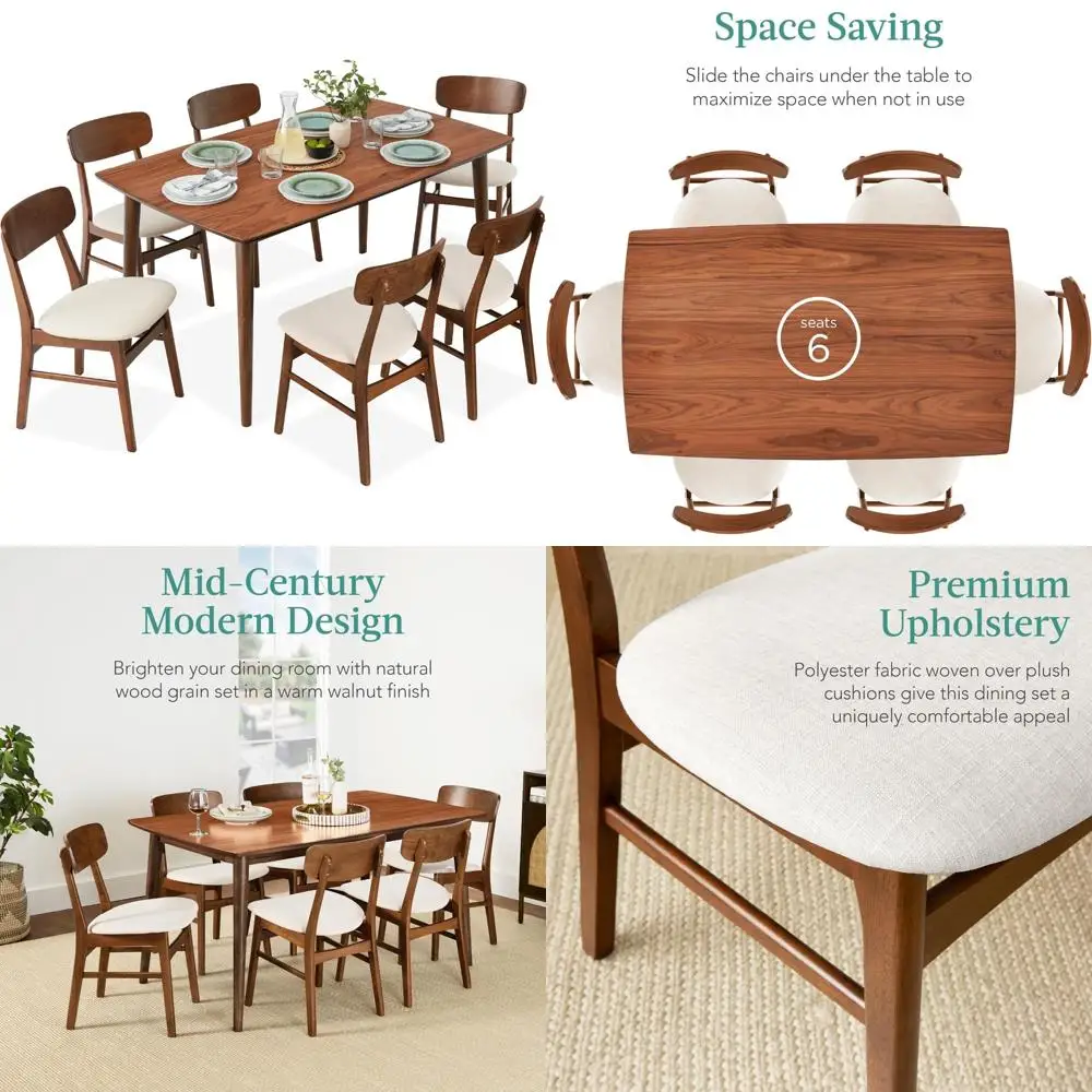 طقم طعام خشبي حديث مكون من 7 قطع في منتصف القرن مع 6 كراسي منجدة وطاولة مطبخ