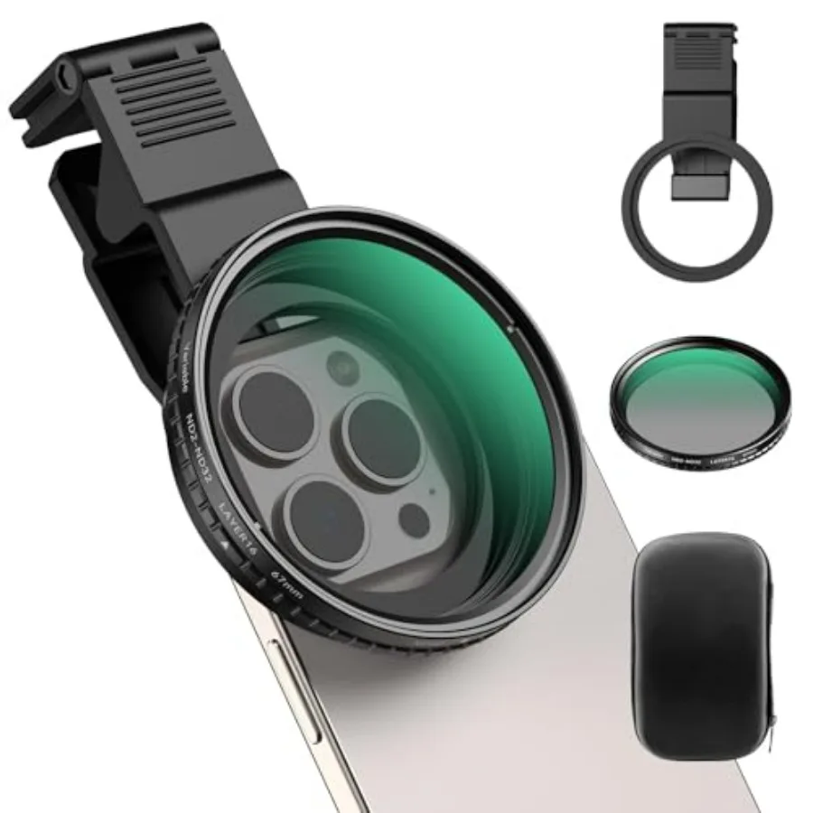 

67mm Variable ND2-ND32 Neutral Density Filter for iPhone DSLR Camera Lens with Adapter Ring Universal Clip Cold Shoe Support fo